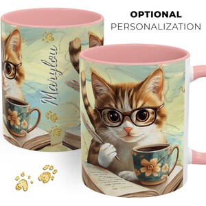 Personalized Book Lover Mug, Gift for Reader, Coffee Mug for Cat Lover, Custom Mug for Pet Lover, Librarian Cup, Gift for Her, Bookish Cat