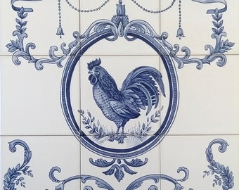 Portuguese Rooster Traditional Blue Kitchen Backsplash Tile Mural / Portuguese Tiles / Ref. 041