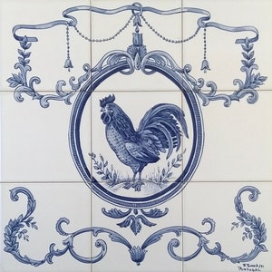 Portuguese Rooster Traditional Blue Kitchen Backsplash Tile Mural / Portuguese Tiles / Ref. 041