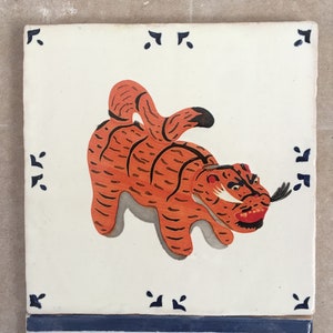 Hariko Tora Japanese Tiger Art / Rustic Portuguese Tile / Home Decor