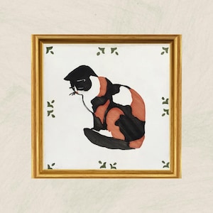 Black and Orange Calico Cat Art / Rustic Portuguese Tile / Home Decor