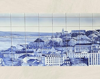 Paesaggio di Lisbona, murale tradizionale portoghese con piastrelle blu / piastrelle portoghesi