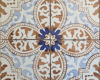 Piastrelle portoghesi rustiche dipinte a mano / Rivestimento paraschizzi da cucina con motivo tradizionale marrone e blu / Motivo piastrelle portoghesi
