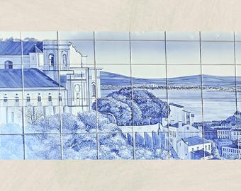 Paesaggio di Lisbona, murale tradizionale portoghese con piastrelle blu / piastrelle portoghesi