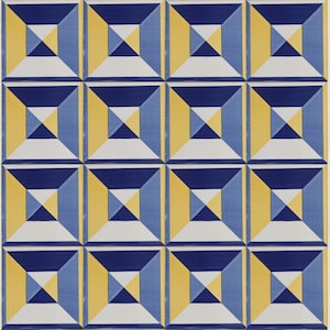 May include: A repeating geometric tile pattern. Each tile features a 3D effect with blue, yellow, and white shapes. The design creates a visually engaging, symmetrical pattern, suitable for home decor. The tiles are likely 15 cm x 15 cm.