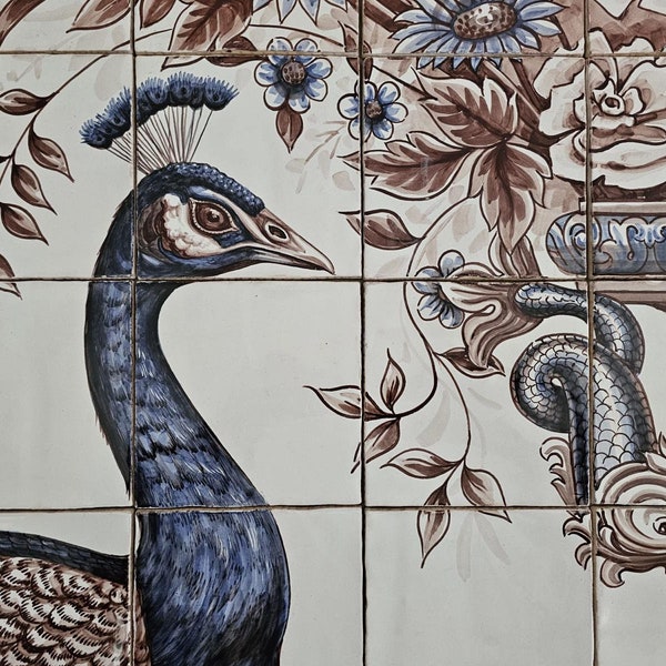 Brown and Blue Peacocks Handmade Rustic Portuguese Tiles / Custom Tiles - Project / Wall Decor / Home Decor