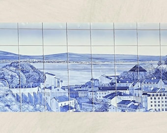 Paesaggio fluviale di Lisbona, murale tradizionale portoghese con piastrelle blu / Piastrelle portoghesi