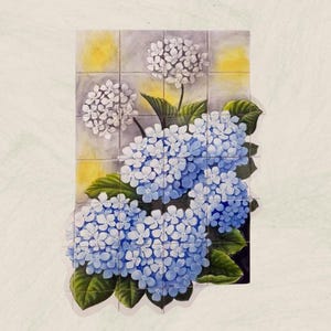 May include: A close-up of a tile mural depicting a cluster of blue and white hydrangeas with green leaves. The flowers are arranged in a grid pattern, creating a geometric design.