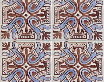 Azulejos portugueses pintados a mano / Salpicadero de cocina con diseño tradicional marrón y azul / Diseño de azulejos portugueses