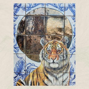 May include: A decorative tile arrangement featuring a detailed tiger portrait. The tiger, with orange and black stripes, is set against a backdrop of blue and white floral patterns and a gold-toned, segmented circle. The tiles are square.