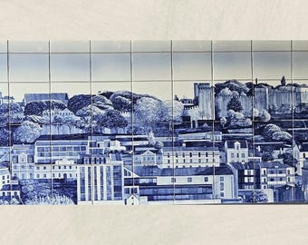 Paesaggio di Lisbona, murale tradizionale portoghese con piastrelle blu / piastrelle portoghesi