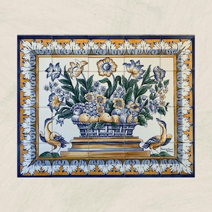 Flower Basket with Birds Traditional Portuguese Kitchen Tile Mural / Portuguese Tiles / Ref. 029
