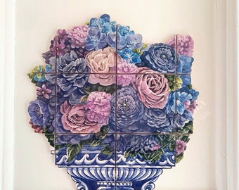 Florero de ramo de flores tradicional portugués backsplash azulejo mural / azulejos portugueses / decoración del hogar / decoración de la pared