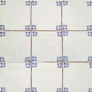 May include: Nine white ceramic tiles arranged in a grid. Each tile features a blue floral corner design. The tiles are square and have a slightly off-white hue, with brown lines separating them.