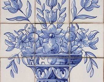 Flower Vase Traditional Portuguese Blue Kitchen Backsplash Tile Mural / Portuguese Tiles / Home Decor