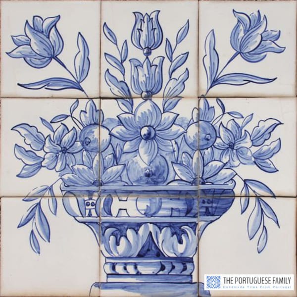 Bloemenvaas Traditionele Portugese Blauwe Keuken Backsplash Tegel Muurschildering / Portugese Tegels / Home Decor