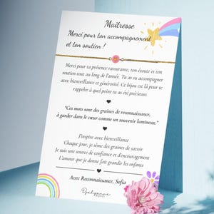 Bracelet maîtresse avec carte de remerciement | Cadeau fin d’année école, bijou symbolique, message positif et inspirant