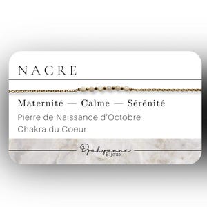 Bracelet Nacre Pierre Naturelle – Bijou Maternité, Calme et Sérénité – Cadeau Naissance Octobre – Chakra du Cœur – Carte Signification