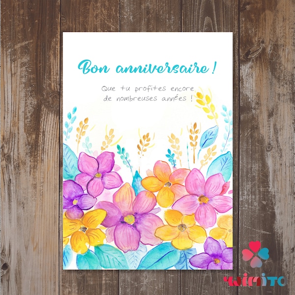 Bon anniversaire carte, Send online or/& print French Birthday Greeting Card, Digital PDF and JPG, Printable Watercolor Floral Birthday Card