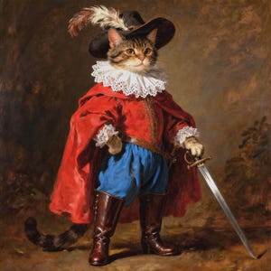 May include: A portrait of a cat dressed in historical attire. The cat wears a black hat with a feather, a white lace collar, and a red cape. It also has blue breeches, brown boots, and holds a sword. The painting has a vintage style.