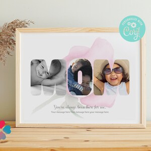 Colagem de fotos editáveis para o aniversário da mãe e o dia das mães. Imprimível. Estilo minimalista. Presente personalizado DIY. Quadro de feliz aniversário mãe.