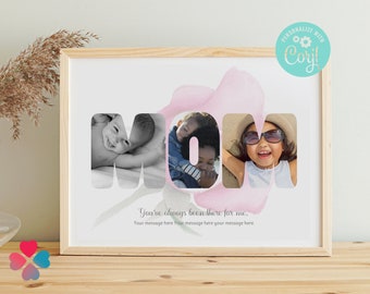 Collage fotografico modificabile per il compleanno della mamma e la festa della mamma. Stampabile. Stile minimalista. Regalo personalizzato fai da te. Cornice di buon compleanno mamma.