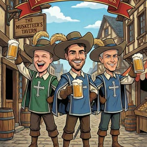 Puede incluir: Ilustración de tres hombres vestidos de mosqueteros, cada uno sosteniendo una jarra de cerveza. Llevan sombreros con plumas, capas y túnicas con cruces. El fondo muestra una taberna y la frase "Tous pour un, un pour tous."