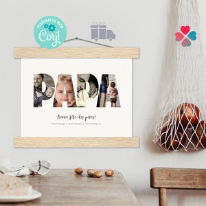 Fête des pères Photo Gift printed on Canvas, Wood, Archival Matte Paper with Hanger. Bonne fête papa Collage. Custom gift in French for Dad.