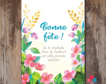 Bon anniversaire, Send online or/and print French Birthday Greeting Card, Digital PDF and JPG, Printable Watercolor Floral Birthday Card