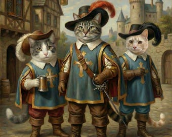 May include: A whimsical painting depicts three cats dressed as musketeers, standing in front of a medieval town and castle. They wear blue and gold uniforms, hats with feathers, and carry a sword and a mug. A banner at the bottom reads "TOUS POUR UN, UN POUR TOUS."