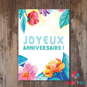 Joyeux anniversaire, Send online or/and print French Birthday Greeting Card, Digital PDF and JPG, Printable Watercolor Floral Birthday Card