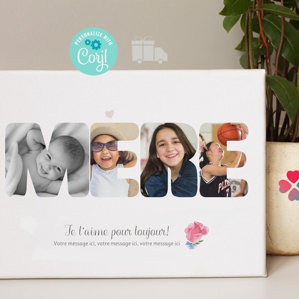 Fête des mères Photo Gift printed on Canvas, Wood or Archival Matte Paper with Hanger. Bonne fête maman Collage. Personalized gift in French