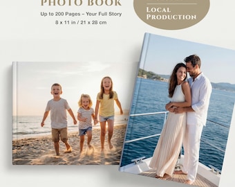 May include: Two photo books with images of people. One book shows a family running on a beach, and the other shows a couple on a boat. The text on the top says "PHOTO BOOK" and "Up to 200 Pages - Your Full Story 8 x 11 in / 21 x 28 cm".