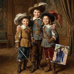 Puede incluir: Un retrato de tres niños vestidos con trajes históricos de mosqueteros. Los niños llevan sombreros con plumas, chaquetas y sostienen espadas. El fondo presenta un interior detallado con una decoración mural ornamentada y una pequeña foto de los niños.