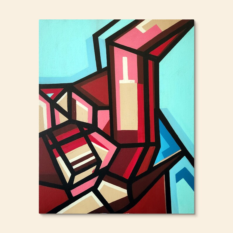 May include: Abstract geometric painting featuring a combination of red, pink, brown, beige, and blue hues. The artwork consists of overlapping shapes and lines, resulting in a dynamic and visually engaging composition.