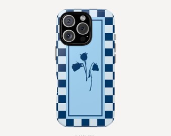 Unique Checker Flower Blue Case Trendy Cute iPhone 16 15 14 13 12 11 Pro Max Plus Samsung Galaxy S23 S22 S20 Ultra Plus + Google Pixel 8 7 6