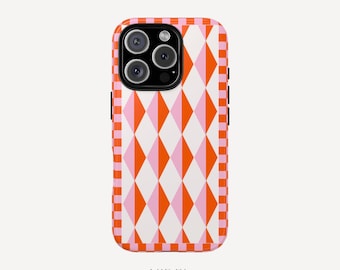 Unique Colorblock Pink Orange Rhombus Case iPhone 16 15 14 13 12 11 Pro Max Plus Samsung Galaxy S23 S22 S20 Ultra Plus + Google Pixel 8 7 6