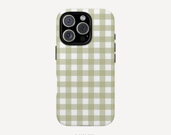 Gingham Check Green Sage Case Modern Trendy iPhone 16 15 14 13 12 11 Pro Max Plus Samsung Galaxy S23 S22 S20 Ultra Plus + Google Pixel 8 7 6