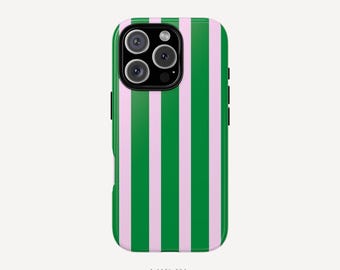 Striped Green on Pale Pink Colorful Case iPhone 16 15 14 13 12 11 Pro Max Plus Samsung Galaxy S23 S22 S20 Ultra Plus + Google Pixel 8 7 6