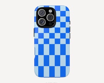Checker Blue Case Stylish Modern Trendy iPhone 16 15 14 13 12 11 Pro Max Plus X Samsung Galaxy S23 S22 S20 Ultra Plus + Google Pixel 8 7 6