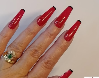 Red and black french tip press on nails. Shown on Long coffin. Choose your favourite shape and length.