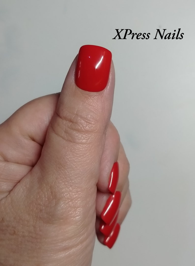 Short classic red press on nails, available in short square, short oval or short almond shape. image 8