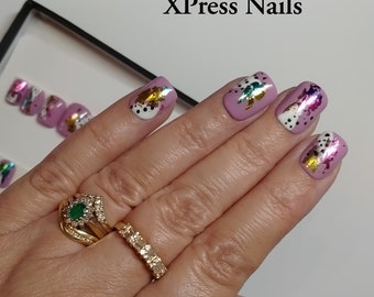 Lilac nails with pretty rainbow foil and hand painted abstract design, set of 20 short square shape. ONLY 1 SET AVAILABLE!