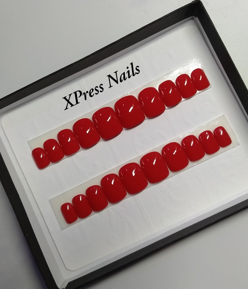 Short classic red press on nails, available in short square, short oval or short almond shape. image 3