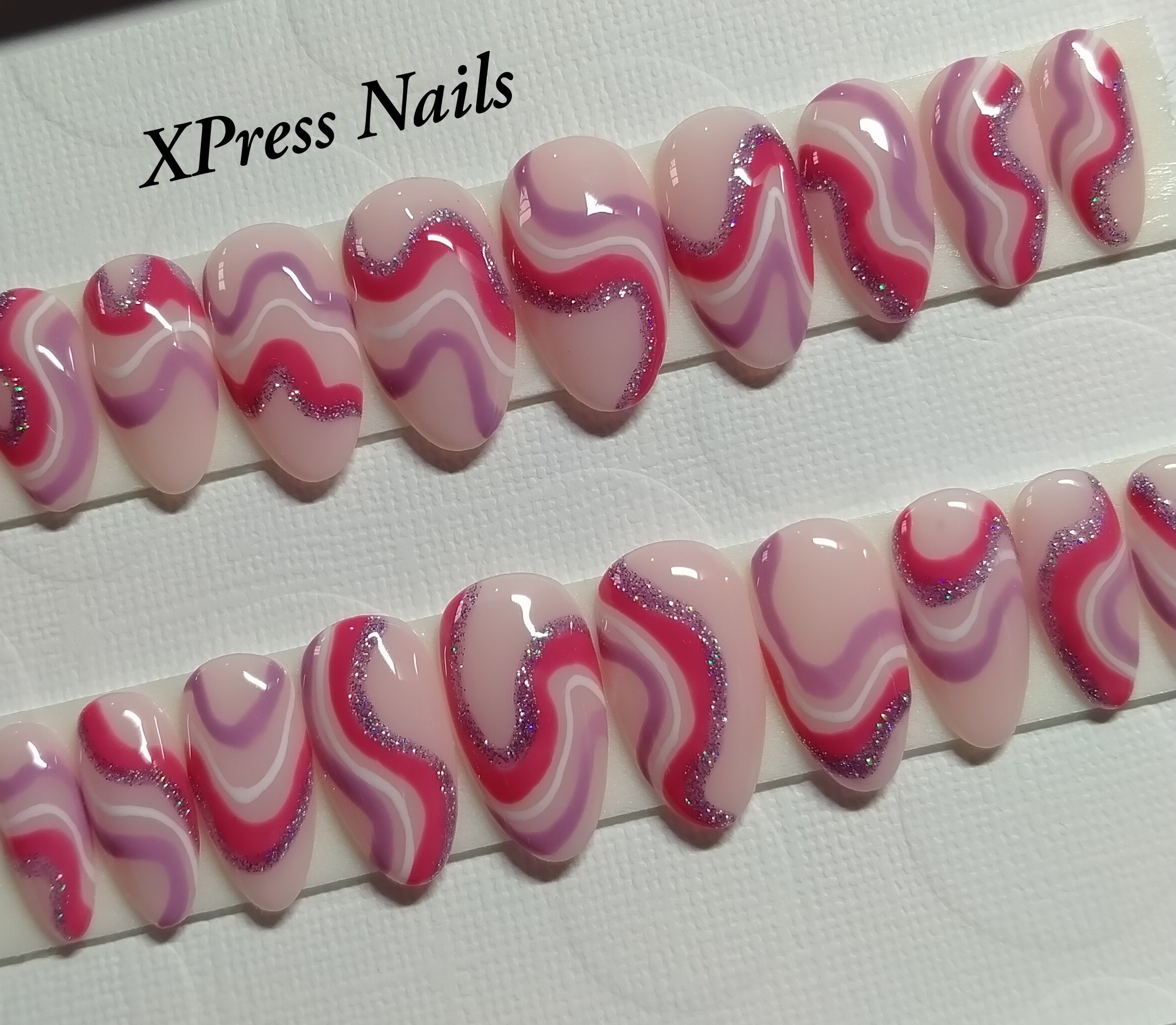 Swirly wavy lines press on nails in shades of pink and lilac Etsy
