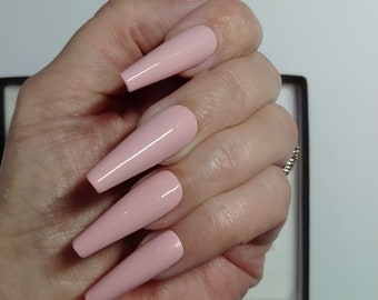 Baby pink press on nails, set of 20 shown on long coffin shape. Choose your favourite shape and length.