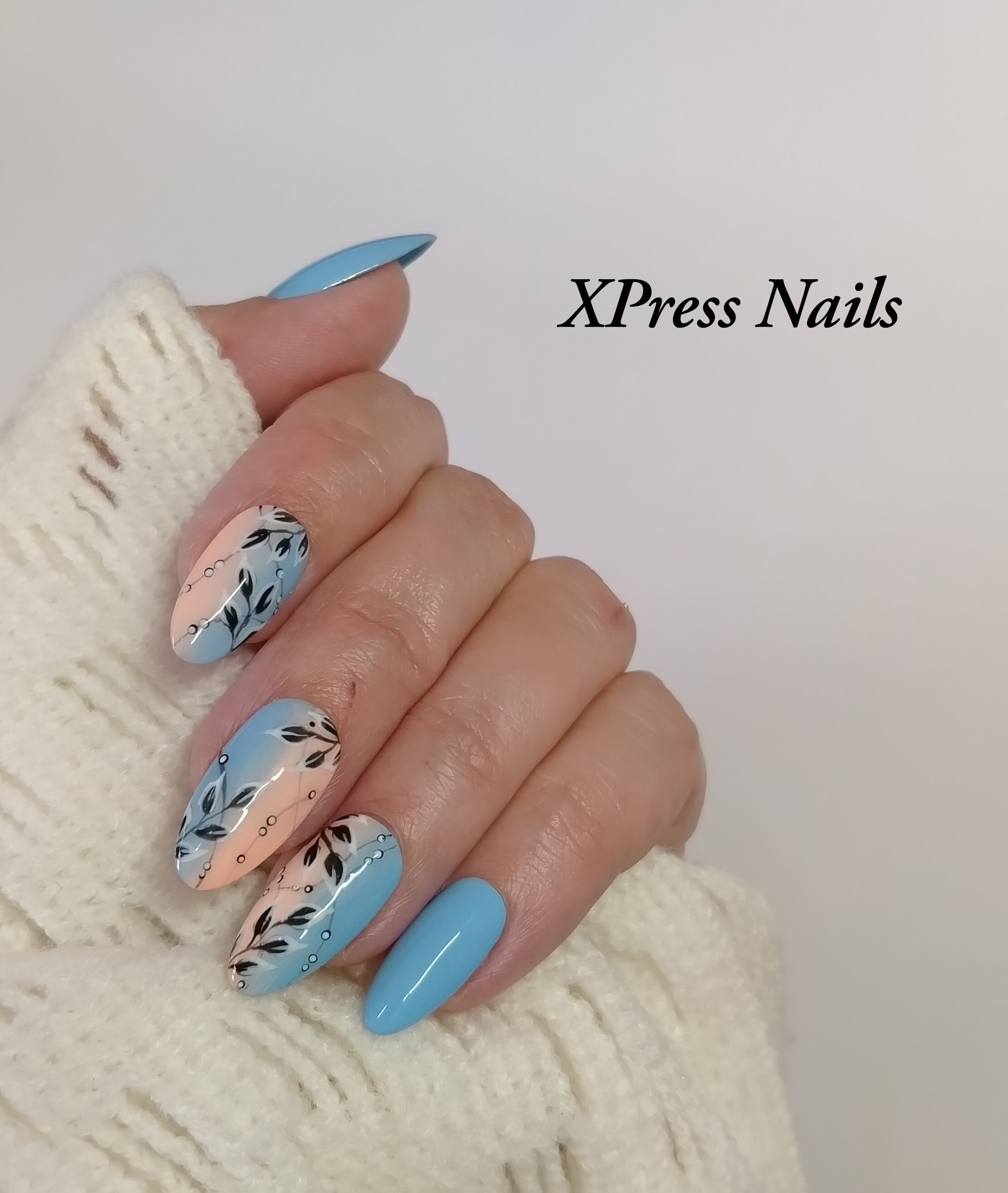Blue and Peach Ombre Press on Nails With Hand Painted Black - Etsy
