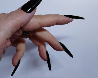 Classic Black long ballerina press on nails. Set of 20 hand painted