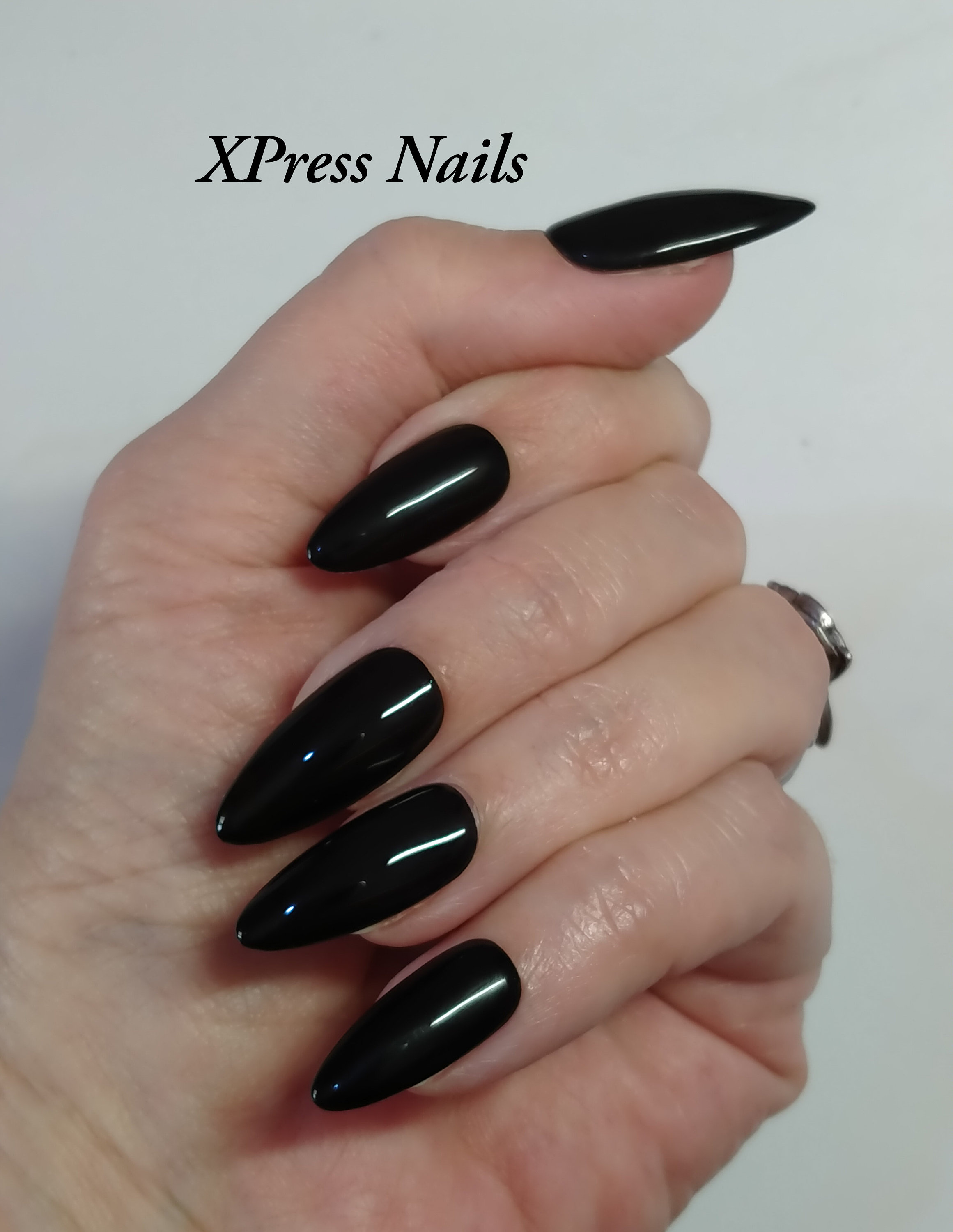 Classic Black Long Almond Press on Nails. Hand Painted Salon