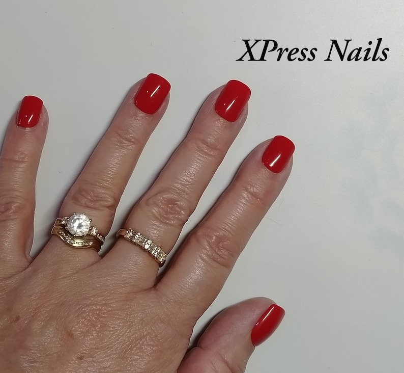 Short classic red press on nails, available in short square, short oval or short almond shape. image 6